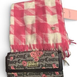 Juicy Couture Pink and Cream Checkered Scarf with Black Floral Wallet
